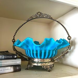 Antique Turquoise Blue Ruffle Bridal Basket, Sterling Silver Wedding Decor